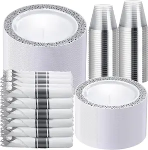 Dinnerware Sets, Gold Plastic Plates ,Include: Dinner Plates,  Dessert Plate,  Gold Plastic Silverware, Cups for Party