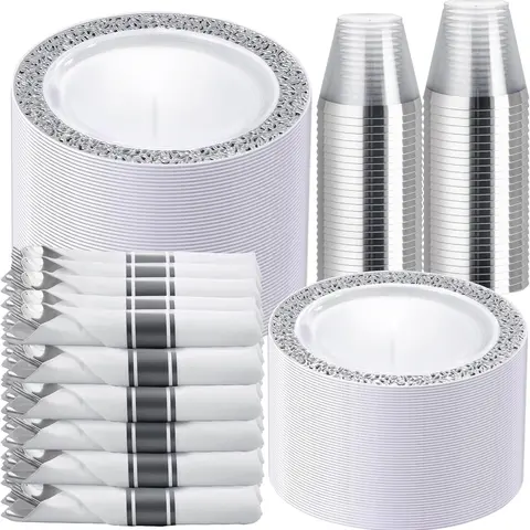 Dinnerware Sets, Gold Plastic Plates ,Include: Dinner Plates,  Dessert Plate,  Gold Plastic Silverware, Cups for Party, Disposable Dinnerware, Leak-Proof