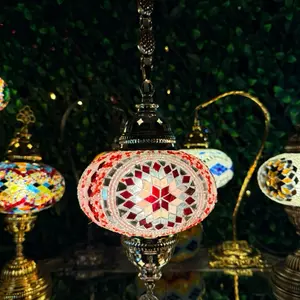 Nickel Plated Pink Star Design Handmade Pendant Turkish Mosaic Lamp