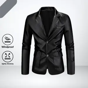 Men’s slim-fit suit jacket style leather biker outerwear—windproof, slightly stretchy soft leather fabric, two-button suit collar design; durable, wrinkle-resistant, and resistant to deformation; versatile for business casual and commuting.