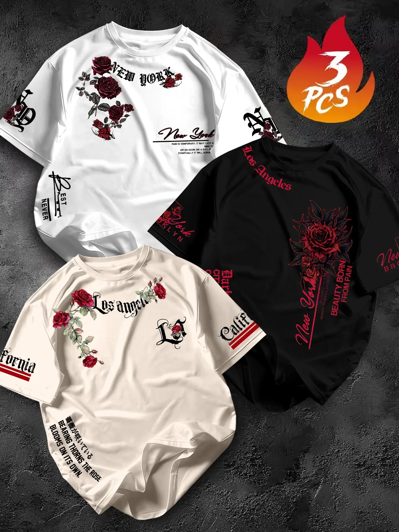 American Street Style Floral Rose Print Oversized Baggy T-Shirt 3-Pack, New York/los Angeles City Slogan, Loose Fit Oversize Short Sleeve Top Streetwear