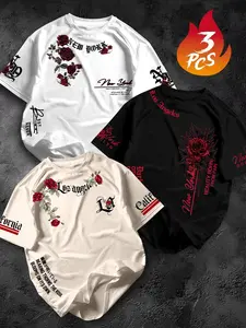 American Street Style Rose Print T-Shirt 3-Pack, New York/los Angeles City Slogan, Loose Fit Oversize Short Sleeve Top