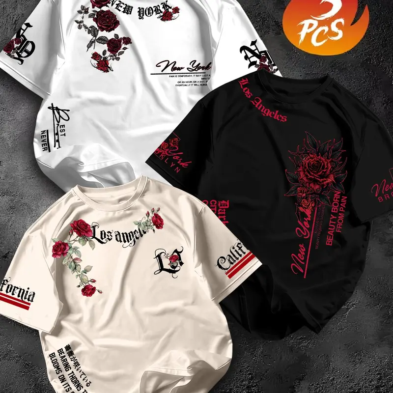 American Street Style Floral Rose Print Oversized Baggy T-Shirt 3-Pack, New York/los Angeles City Slogan, Loose Fit Casual Style Tee Oversize Short Sleeve Top Streetwear