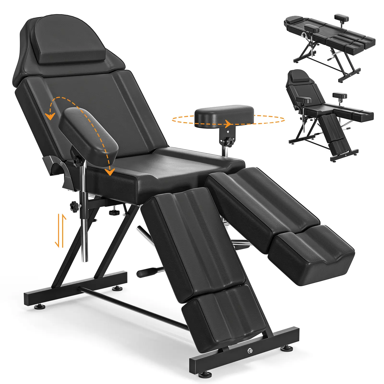 Commercial Salon Swivel Leather Barber Chair with Split Legs, Adjustable Armrests, Extended Headrest, Extended Leg Rests - Glam Metal Beauty Salon Equipment for Estheticians