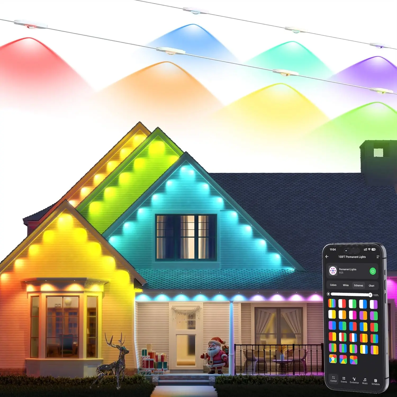 100ft 60-Count Permanent Outdoor RGB Smart LED Eave Fixtures, IP67 Waterproof, APP/Alexa/Google Home Control, LED Ambient Lighting for Halloween, Christmas Home Improvement Projects