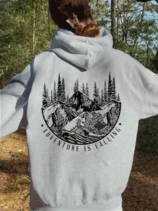 Women's Casual Graphic Hoodie, Mountain Pine Tree Print, Adventure Is Calling Quote, Light, Loose-Fit, All-Season Wear