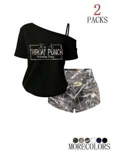 2pcs Y2K Slouchy Off-Shoulder Tee & Camo Shorts Set, Fit, Casual Streetwear, Metallic Print Slogan, High-Waisted Woodland Camo Shorts