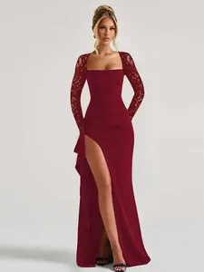 Women's Burgundy Lace Sleeve Maxi Dress, High Slit Ruched Design, Square Neck Formal Wear Evening Gown, Fitted Fashion Elegance Style, All Seasons Wear, Long Sleeve