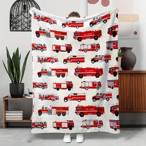 1pc Large Fire Truck Bedspread - & Firefighter Theme Blanket With Red Fire Trucks & Fire Hydrant, Soft 280gsm Flannel All-Season Throw Room, Camping, Travel - Washable &