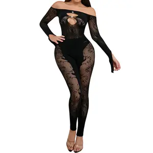 SUPRENX Women's Off-Shoulder Rhinestone Mesh Catsuit, Sheer Cutout Jumpsuit with Heart Pattern, High-Stretch Clubwear Outfit for Nightclub & Festival