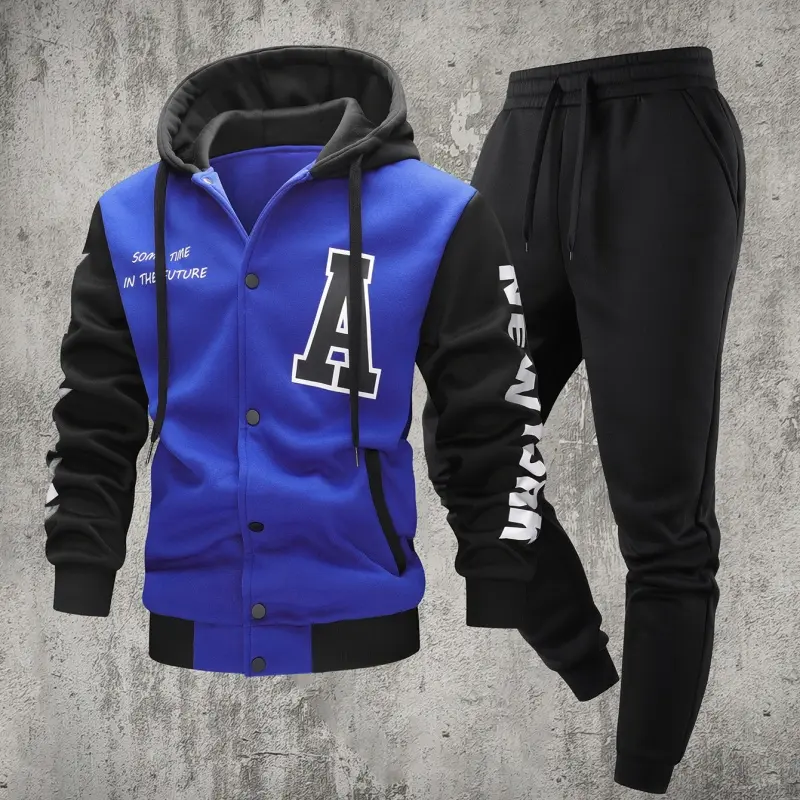 Men’s two-piece spring/autumn casual set for outings during holidays: loose hooded baseball jacket paired with jogger pants featuring a drawstring waist; color-block patchwork design with single-breasted front closure; letter A and English text prints; lo