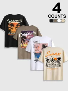 Men's Casual Coconut Tree Beach Print Round Neck Short Sleeve T-Shirt, 4 Pack Comfortable Summer Outdoor Vacation Tops