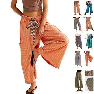 JovenPara Women's Drawstring Striped Wideleg Lounge Pants with Pockets Casual Bohemian Palazzo Trousers for Daily Wear Blue Boho Womenswear Bottom