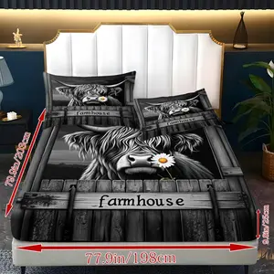 3-piece set of black and white highland cow bed sheets, American farm black and white bedding, bedroom, guest room, dormitory decoration, 1 bed sheet+2 pillowcases (coreless)