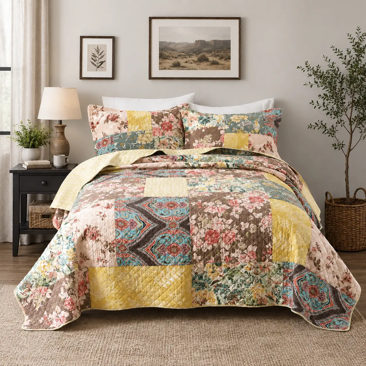 Cotton Bedspread Quilt Sets Reversible Bedding Coverlet Sets, Luxury Vintage Floral Patchwork Yellow Bedspread, King Size | Breathable material, Reversible, Handmade patchwork, soft durable, Jacquard stitching
