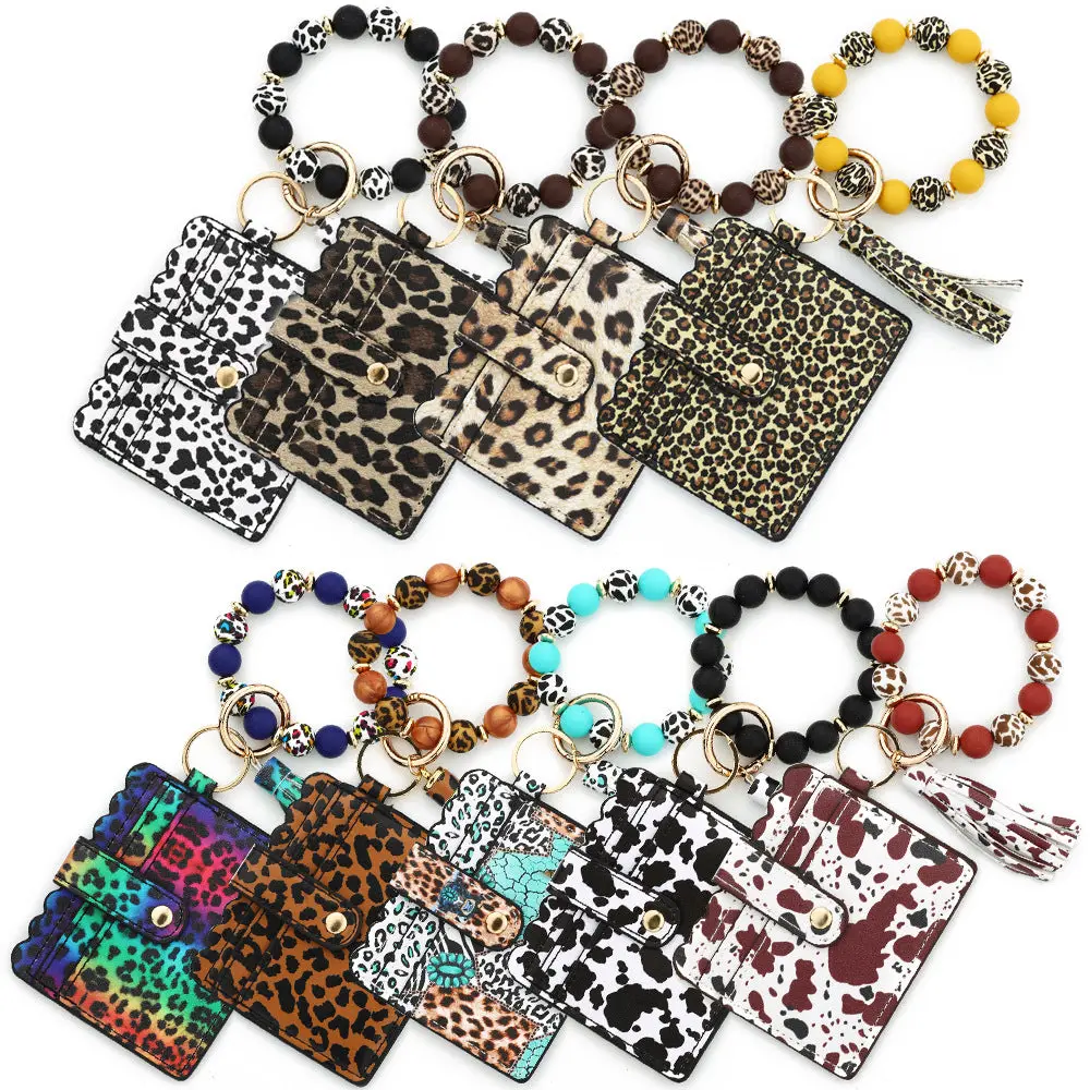 Printed Card Holder & Beaded Wristlet Keychain Set