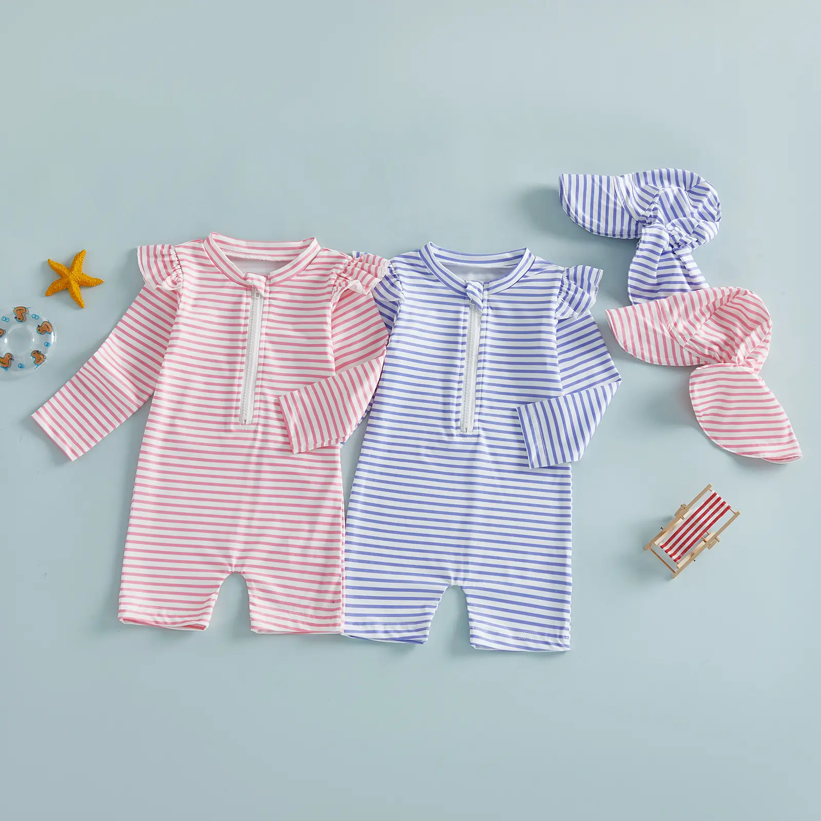 Toddler Girls' Stripe Long-Sleeve Rash Guard Swimsuit Playsuit with Swim Cap, Elastane Fabric, Sizes 0-3m/0-3 Months/1-2 Years