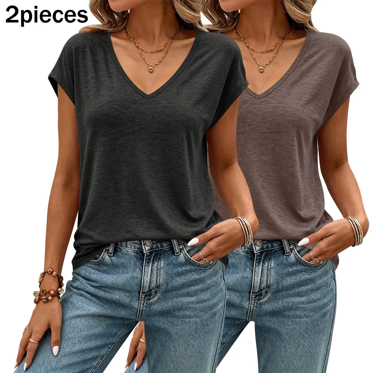 Women's Cap-Sleeve V-Neck T-Shirt (2-Pack) — Soft, solid-color, loose-fit casual basic short-sleeve top; an everyday wardrobe essential.