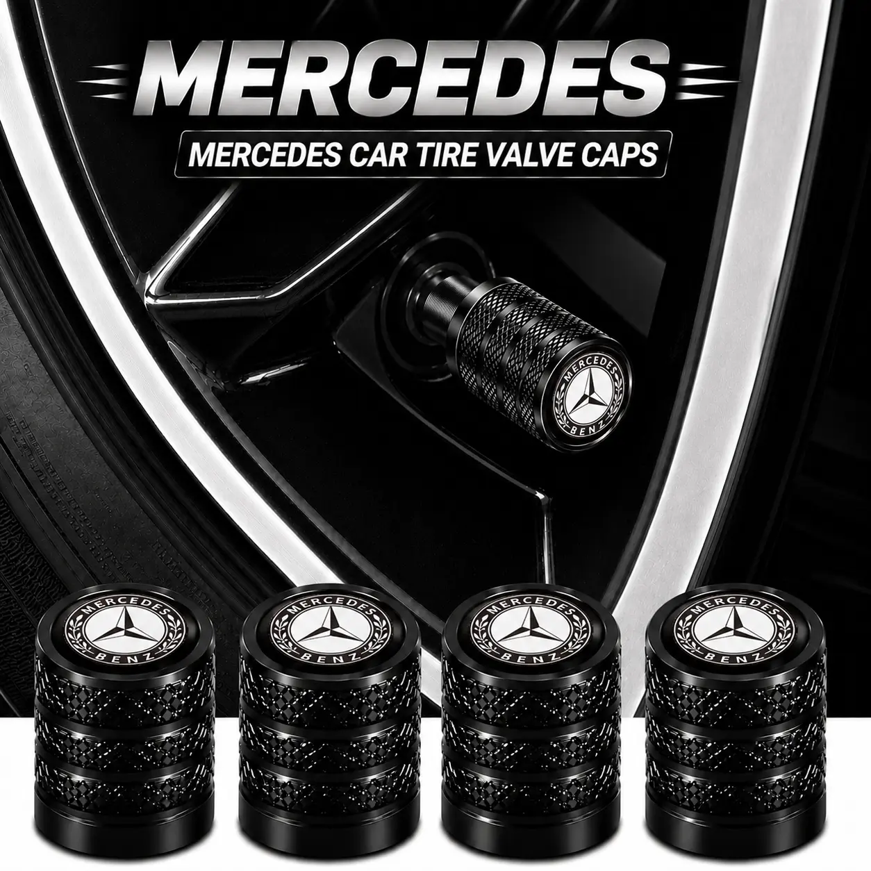 5Pcs Polished Premium Aluminum Tire Valve Stem Caps Fit for Mercedes Benz C Class E Class GLC GLE A Class S Class GLA GLB CLA, Mirror Finish Elegant Design Airtight Rubber Seal Luxury Car Wheel Valve Protector Parts