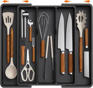 Expandable Kitchen Utensil Drawer Organizer | Adjustable Cutlery Silverware & Cooking Tools Storage Tray Large Plastic Flatware Divider for Spatulas Spoons Knives Kitchen Organization (Black)