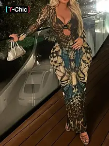 Women's Sexy Mesh See-Through Print Ring Buckle Patchwork Long Dress, Fashion Long Sleeve Low Neck Bodycon Back Slit Party Dresses, Formal Evening Dress, Elegant Evening Gown, Stylish and Comfortable Lady Clothing for Spring & Fall New