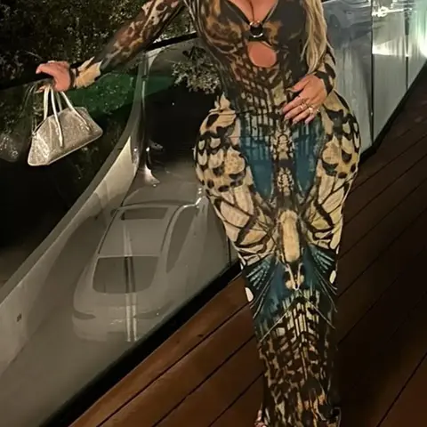 Women's Sexy Mesh See-Through Print Ring Buckle Patchwork Long Dress, Fashion Long Sleeve Low Neck Bodycon Back Slit Party Dresses, Formal Evening Dress, Elegant Evening Gown, Stylish and Comfortable Lady Clothing for Spring & Fall New