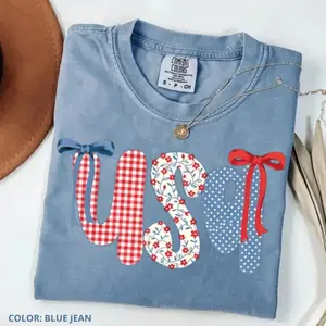 Comfort Colors Women’s Patriotic USA Flag Shirt, Floral Stars And Stripes Graphic Tee, Gingham Bow Accent TShirt, Red White Blue 4th Of July Tee, Retro America Graphic Shirt, Cute Patriotic Women’s Tee, Unisex Comfort Colors Tee, Summit Shirts