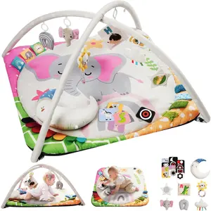 Baby Play Gym with 4 Developmental Zones – Tummy Time Mat & Activity Mat with 6 Sensory Toys, Visual Cards & Pillow – Baby Essentials & Ideal Gift for Newborns