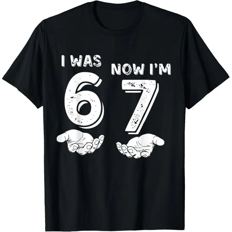 I was 6 Now I'm 7 Six Seven Meme with Hands 7th Birthday T-Shirt,Summer Casual Retro Printed T-Shirt for Daily Wear,Men's Solid Color Crewneck Tee for Gym & Casual