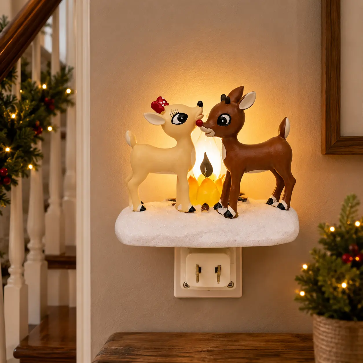 Rudolph Red Nosed Reindeer Night Light – Flickering Flame Christmas Decor, 5.25 Inch Plug-in Festive Lamp for Home Holiday Parties