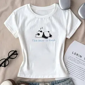 Baby Tee for Women Featuring a Panda Sleeping Print, Perfect for Spring And Summer. This Japanese-Style, Soft And Cute Top Is Fitted And Cropped