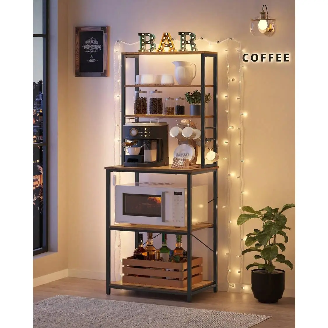 Industrial Multi-Level Coffee Bar & Baker's Rack - 6-Tier Kitchen Shelves with 6 Hooks, Sturdy Steel Frame Stable Microwave Stand, Oak White/Greige Black/Rustic Brown Black, 15.7x23.6x65.7in, Sand Wooden Makeup Vanity Table with Rotating Mirror & Pots