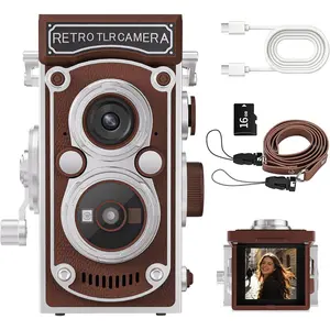 Mini Retro TLR Digital Camera, Portable 24MP 1080P FHD  Point and Shoot Pocket Travel Camera with  Lens, Autofocus, 16X Digital Zoom, 16GB Card, for Beginners, Teens & Adults - Brown