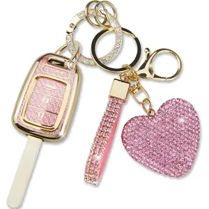 Key Fob Cover with Diamond Heart Keychain, Car Key Shell for Women, Compatible with Honda 2013-2016 Accord Crosstour 2014-2015 CR-V Civic 2016-2017 HR-V Protector (4 Buttons-Pink)