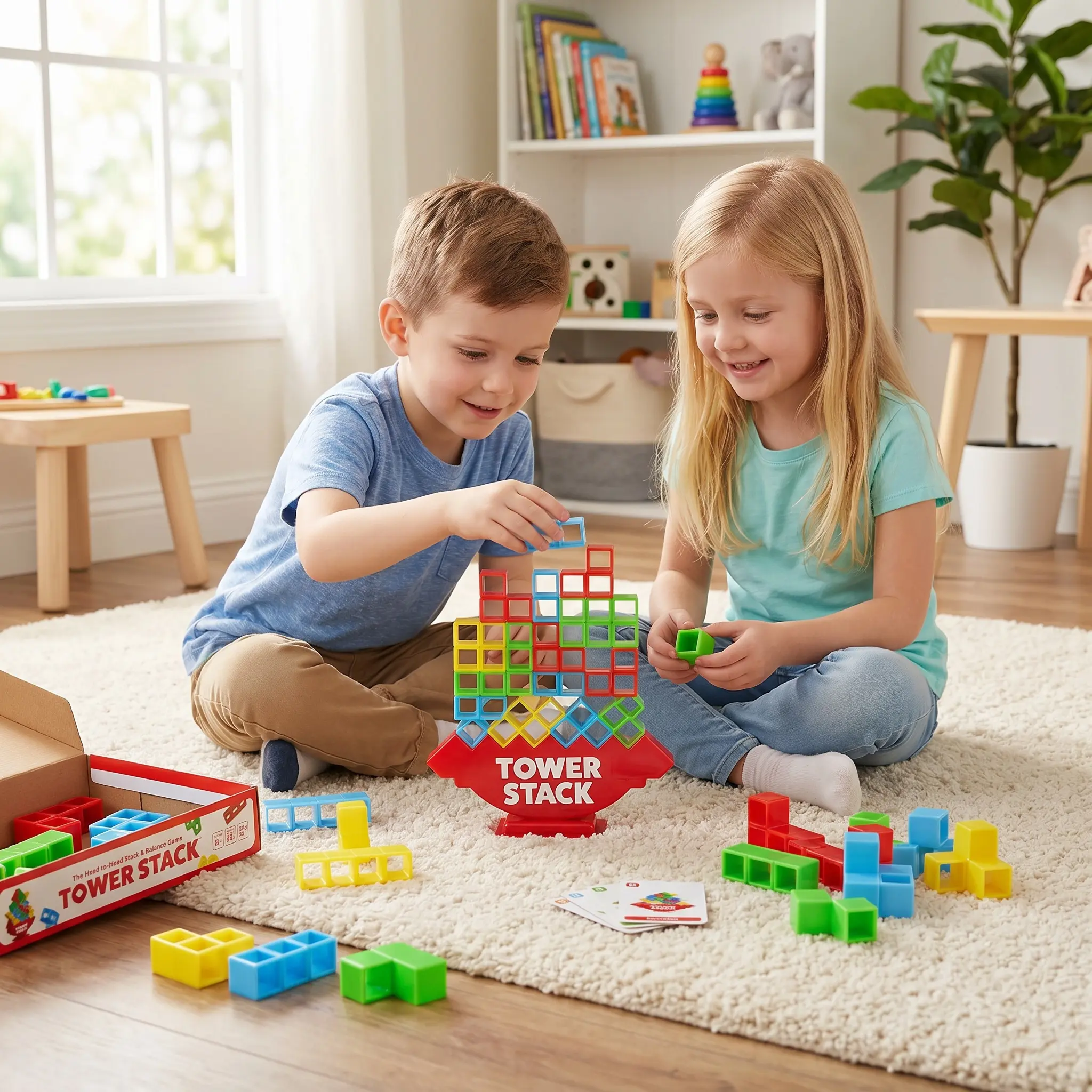 32pcs Colorful Cubes Building Block Set - Plastic Blocks Balance Game, Strategy and Steady Hands Family Game Night Toy, Screen-Free Fun for Ages 8+, Includes 44 Cards, Tower Base, Travel-Friendly