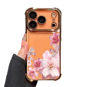 New Cherry Blossom Electroplated Transparent Phone Case with Reinforced Corners, fits iPhone 11/12/13/14/15/16/17 Pro Max. Stylish slim shockproof cover, perfect for daily use and gifting.