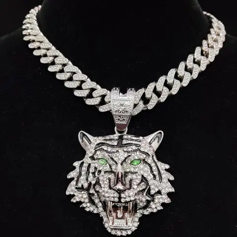 Hip Hop Luxury Rhinestone Tiger Shaped Pendant Necklace for Men & Women, Summer Chunky Cuban Chain Necklace, Streetwear Necklace, Cuban Link Chain, Gift for Girlfriend