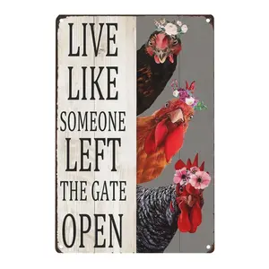Vintage Chicken Decor Sign Live Like Someone Left The Gate Open Tinplate Sign for Home Chicken Coop Farm Fence Kitchen Bathroom Bedroom Wall Decor 8x12 Inches Decoration Industrial Door