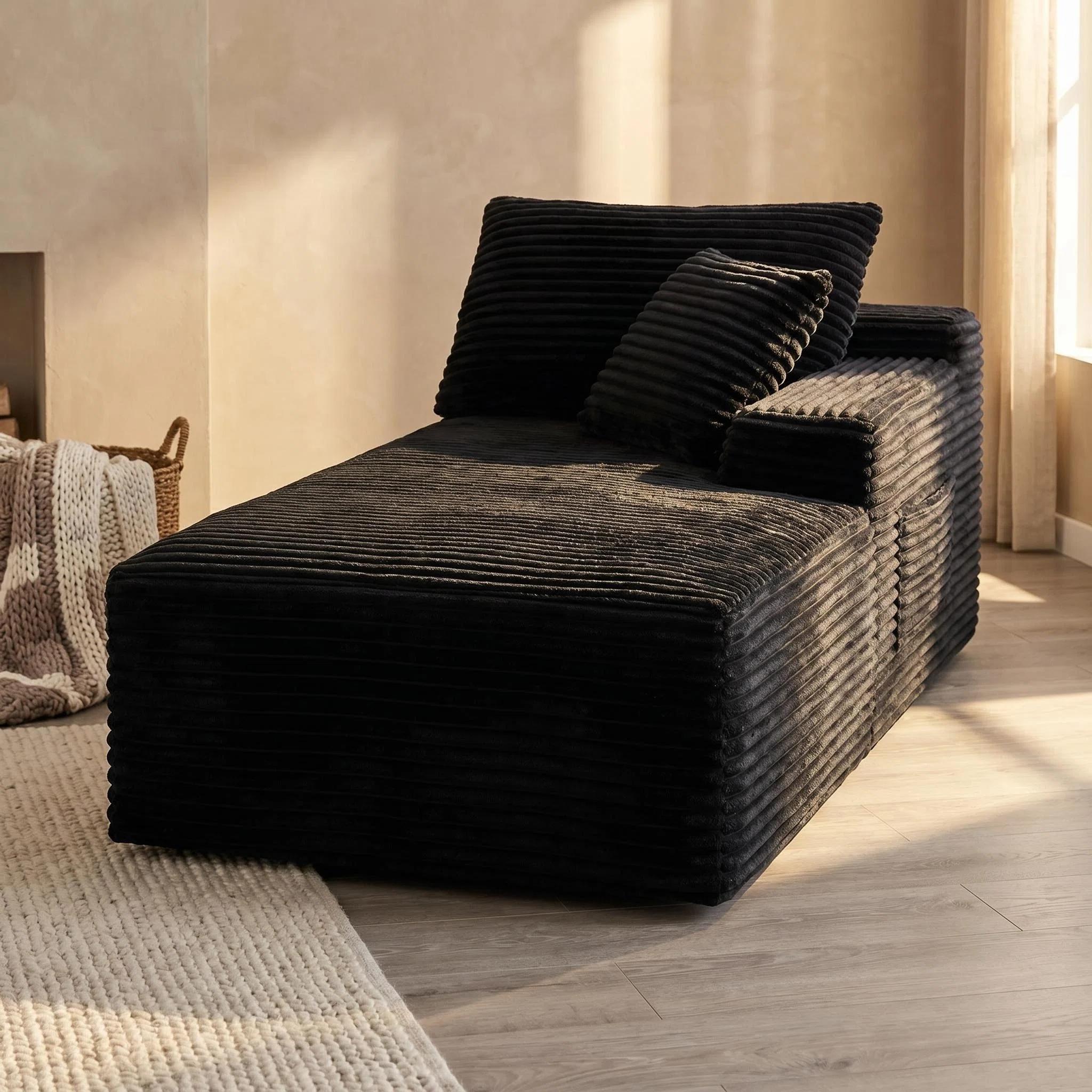 Chaise Lounge Chair Indoor Sleeper Black Corduroy Modular Sofa Couch, Legless Floor-Hugging Armless Accent Chair for Living Room Bedroom, No Assembly Required