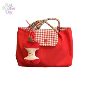Cute Red Gingham Tote Bag with Apple Core Plush Charm Kawaii Canvas Shoulder Bag with Colorful Woven Straps Large Capacity Handbag for Daily Use Shopping and School Adorable Gift for Girls