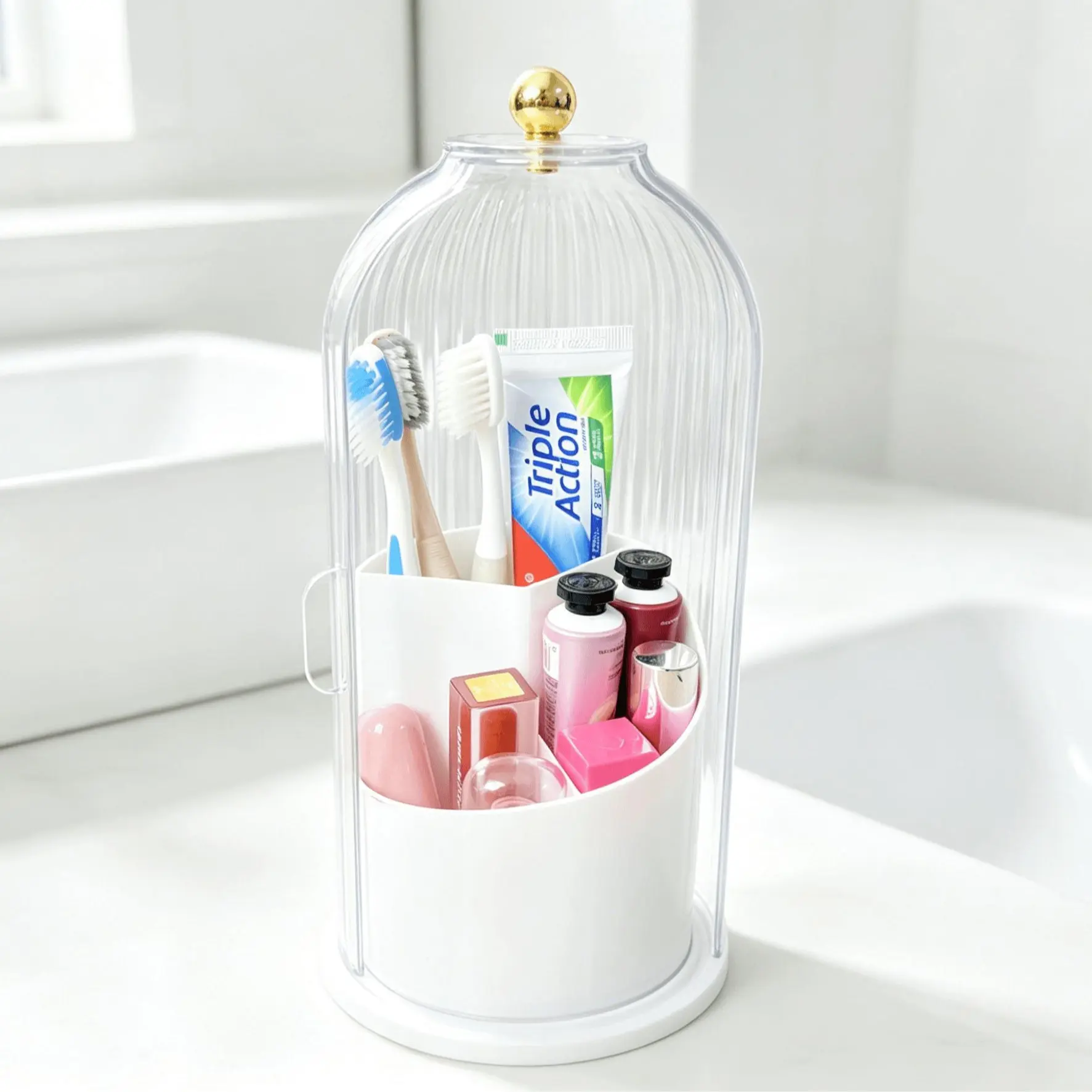 Dustproof Toothbrush Holder with Cover, 360° Rotating Electric Toothbrush and Toothpaste Holder, Clear Birdcage Bathroom Countertop Organizer, 3 Compartments Freestanding Toothbrush Caddy for Bathroom Vanity Dorm Apartment