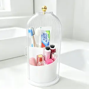 Dustproof Toothbrush Holder with Cover, 360° Rotating Electric Toothbrush and Toothpaste Holder, Clear Birdcage Bathroom Countertop Organizer, 3 Compartments Freestanding Toothbrush Caddy for Bathroom Vanity Dorm Apartment