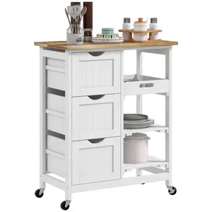White Rubberwood Mobile Kitchen Island Cart with Drawers, Removable Trays, Swivel Castors, 88lbs Weight Capacity, Home & Kitchen Storage Cart (Requires Assembly), Weight Capacity 88Lbs