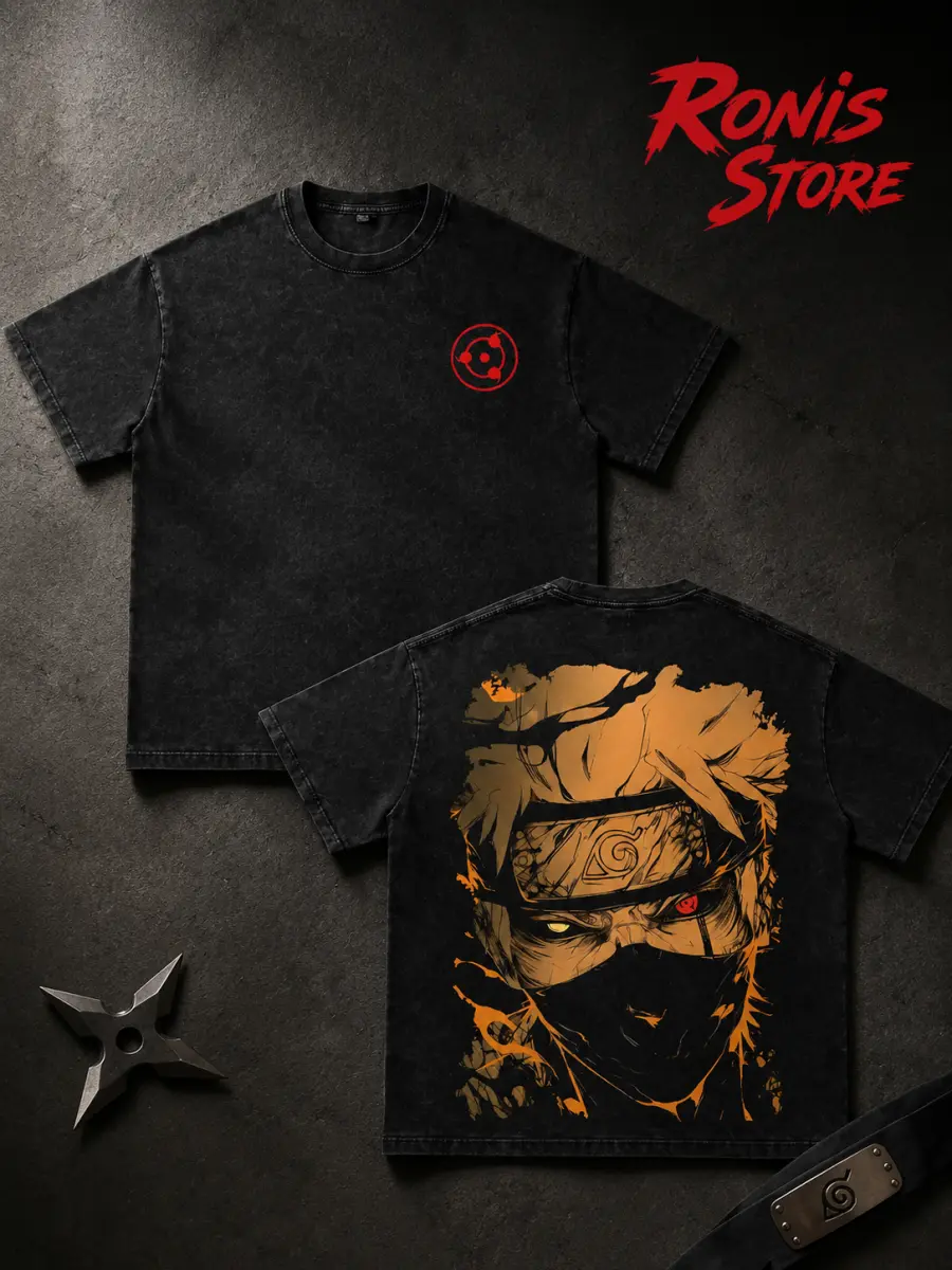 Naruto Kakashi Hatake Vintage Washed T-Shirt | Sharingan Copy Ninja Graphic Tee | Hidden Leaf Jonin Anime Oversized Heavyweight Cotton Shirt | Unisex Gift For Naruto Fans