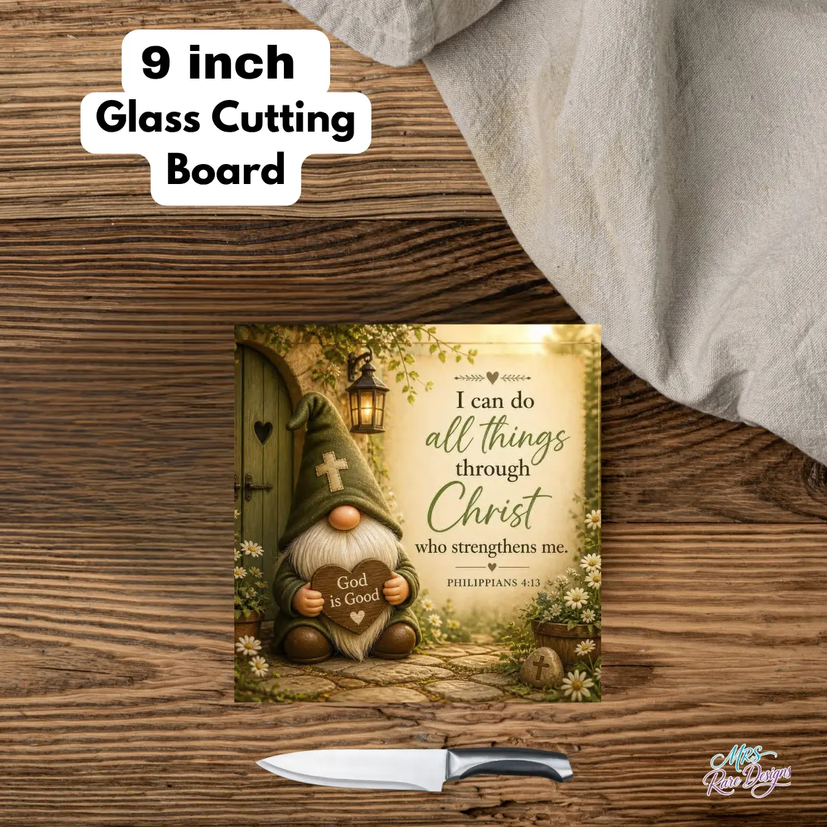Faithful Friend" 9" Glass Cutting Board — Gnome & Scripture Kitchen Décor