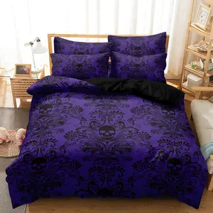 3pcs Purple Black Skull Print Duvet Cover Set, Gothic Vintage Scroll Bedding Decor,Suitable For Family Bedrooms And Dormitories (1* Duvet Cover + 2* Pillowcases,Core Not Included)