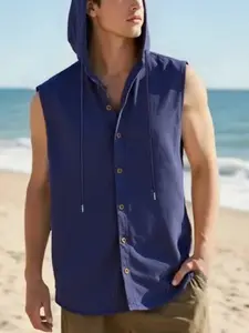 Men's Sleeveless Hooded Shirt, Button Front Drawstring Hoodie, Breathable Textured Fabric, Tropical Beach Vacation Casual Wear