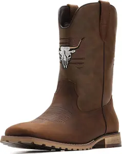 JASONSTAR Western Cowboy Boots for men, Vintage Distressed Brown Square Toe Mid-Calf Boots with Longhorn Skull American Flag Embroidery, Non-Slip Rubber Sole Comfortable for Riding Outdoor Daily Wear