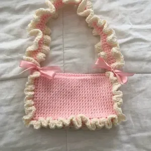 Handmade Crochet Bag with Ruffle Trim and Pink Bow - Pink Color Hand Crafted Accessory