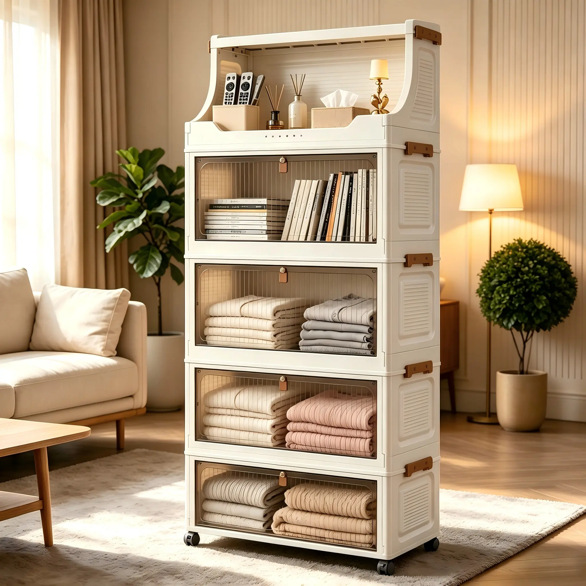 2/3/4/5 Tier Foldable Stackable Storage Cabinet with Flip Doors & Rolling Wheels, No Assembly Plastic Storage Organizer, Space-Saving Multi-Layer Storage Container for Bedroom, Closet, Kitchen, Pantry, Bathroom, Ideal for Toys, Clothes & Snacks